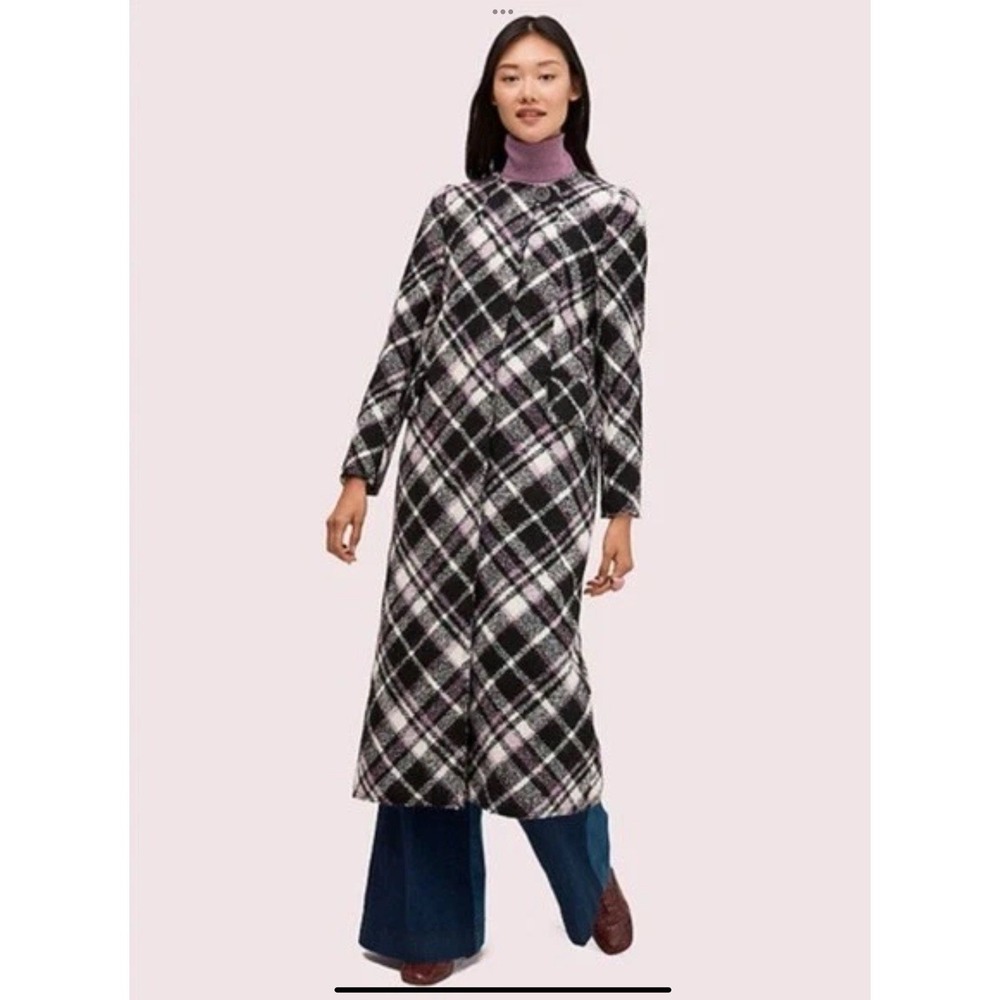 NWT Kate Spade New York Plaid Print Boucle Trench Wool/Alpaca Blend Long Coat 12